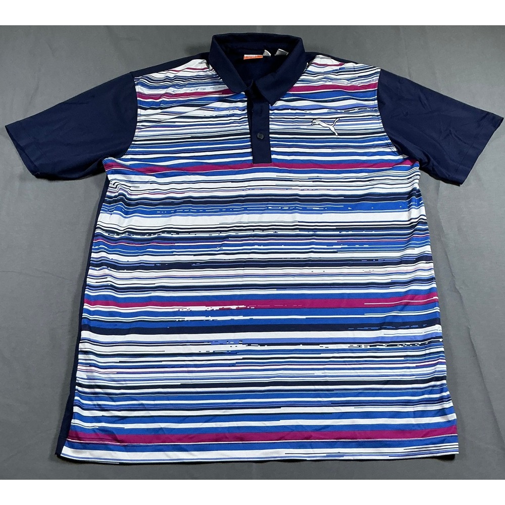 Puma Golf Mens dryCELL Striped Polo Shirt Navy Blue Multi Color Small 568312